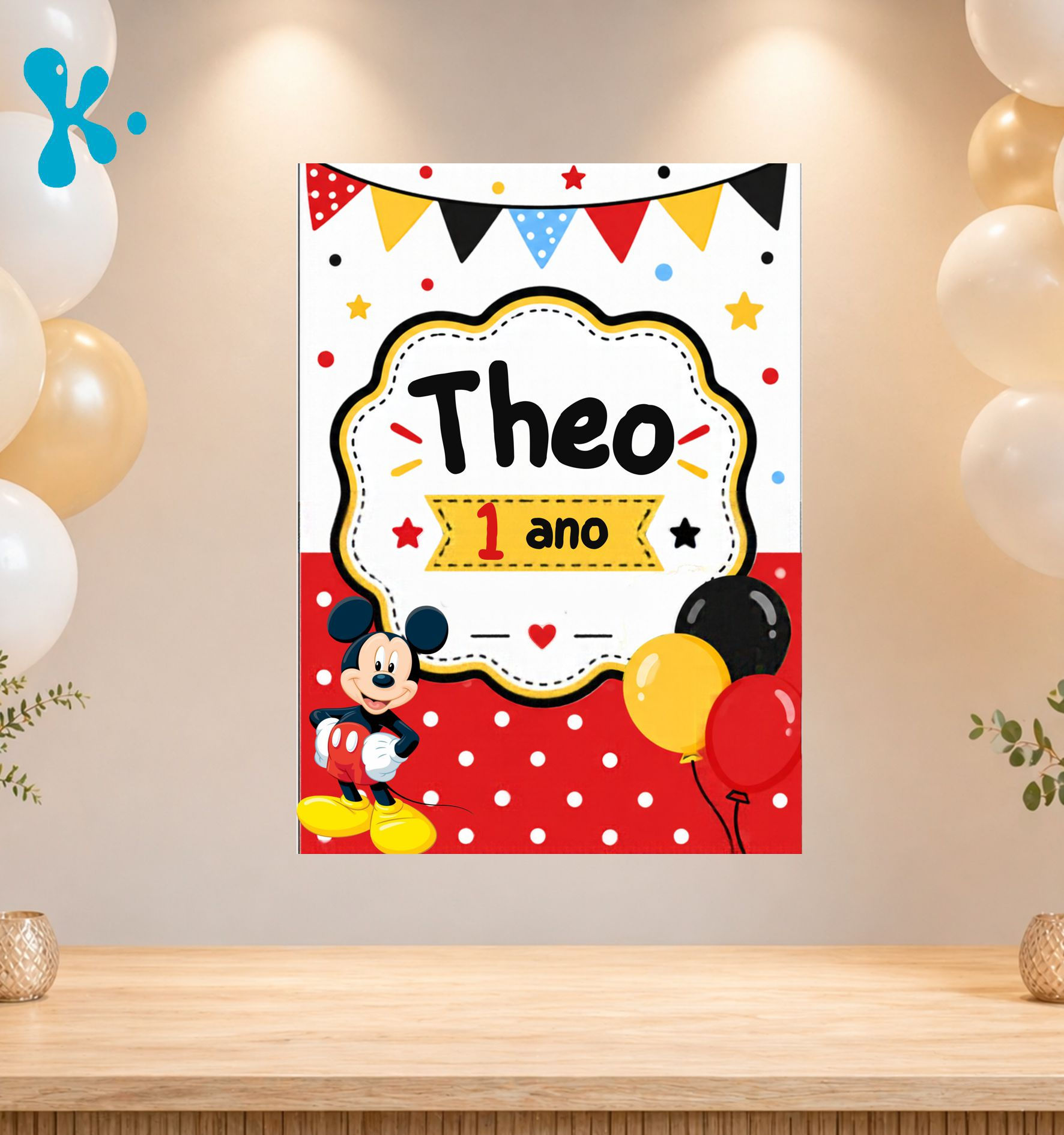 Cartaz personalizado Mickey com nome Theo, idade 1 ano, balões, estrelas, bandeirolas e detalhes em vermelho, amarelo e preto