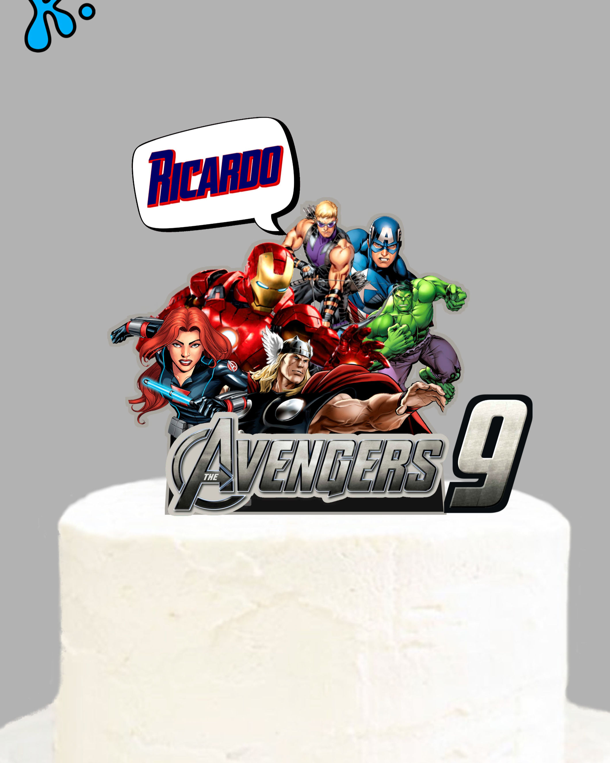 Topo de bolo Avengers personalizado com nome, idade e super-heróis da Marvel.