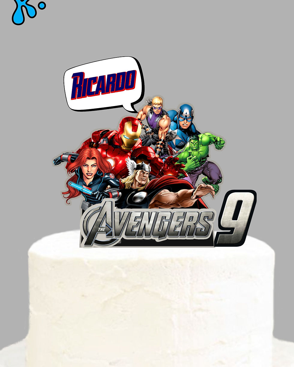Topo de bolo Avengers personalizado com nome, idade e super-heróis da Marvel.