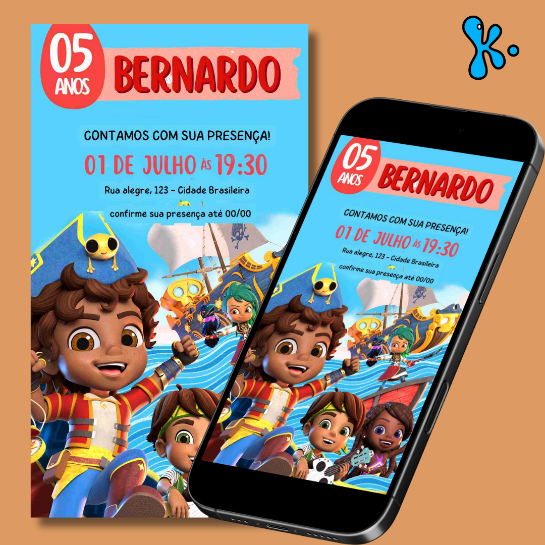 Convite Digital Santiago dos Mares com personagens infantis piratas, com detalhes da festa em fundo azul vibrante.