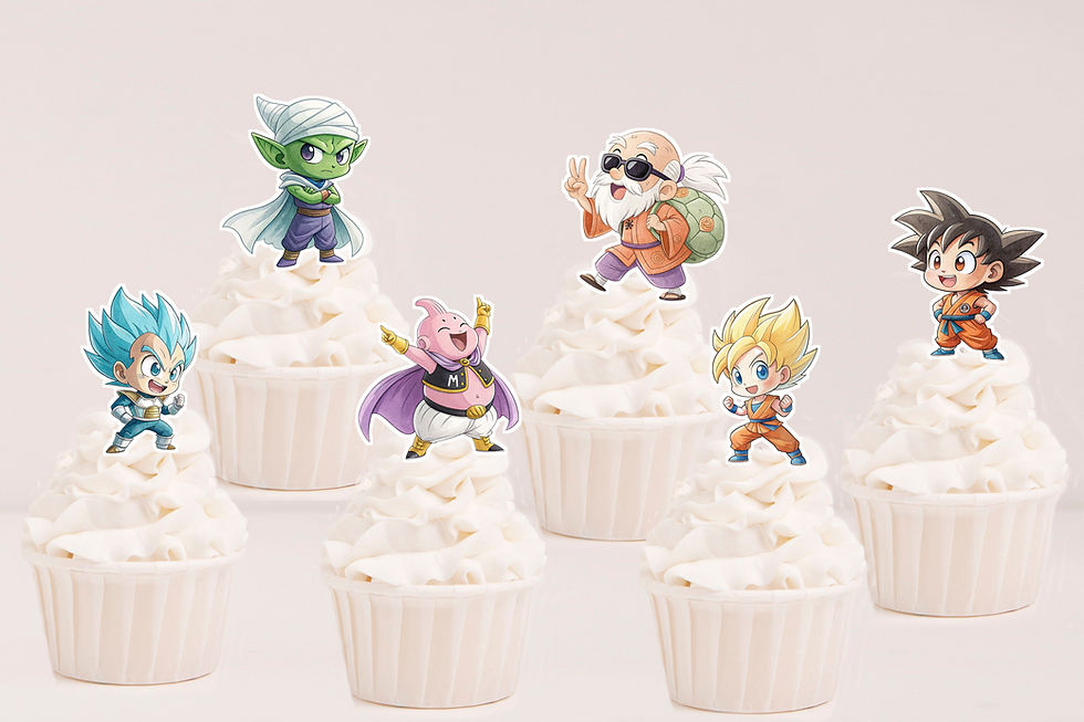 Toppers recortados Dragon Ball em aguarela com Goku, Vegeta, Piccolo, Majin Buu e Mestre Kame sobre cupcakes.