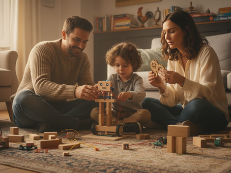 Família portuguesa a brincar com kit de robótica educativa em casa, preparando a criança da Geração Beta para o futuro com IA.