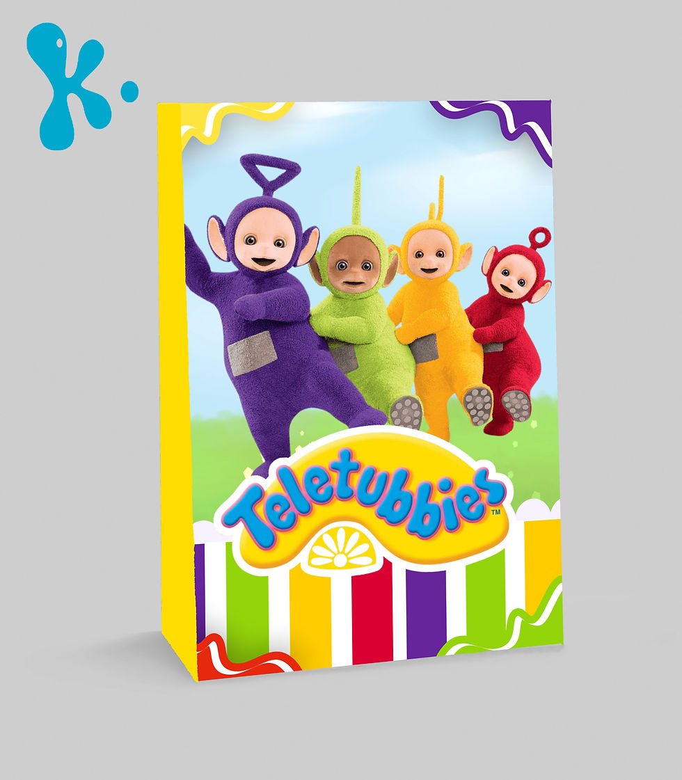 Saco lembrança Teletubbies personalizado com personagens coloridas