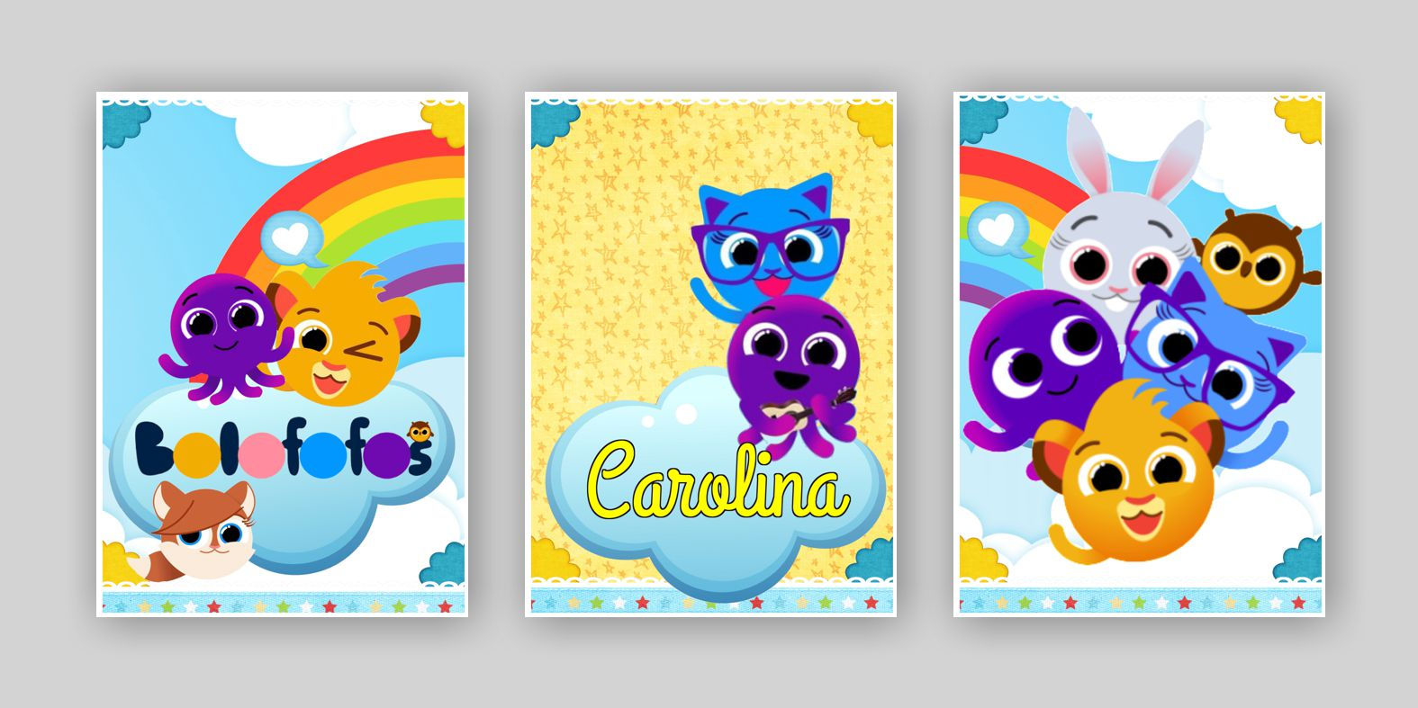 Conjunto de 3 cartazes Bolofofos para decoração de quarto infantil