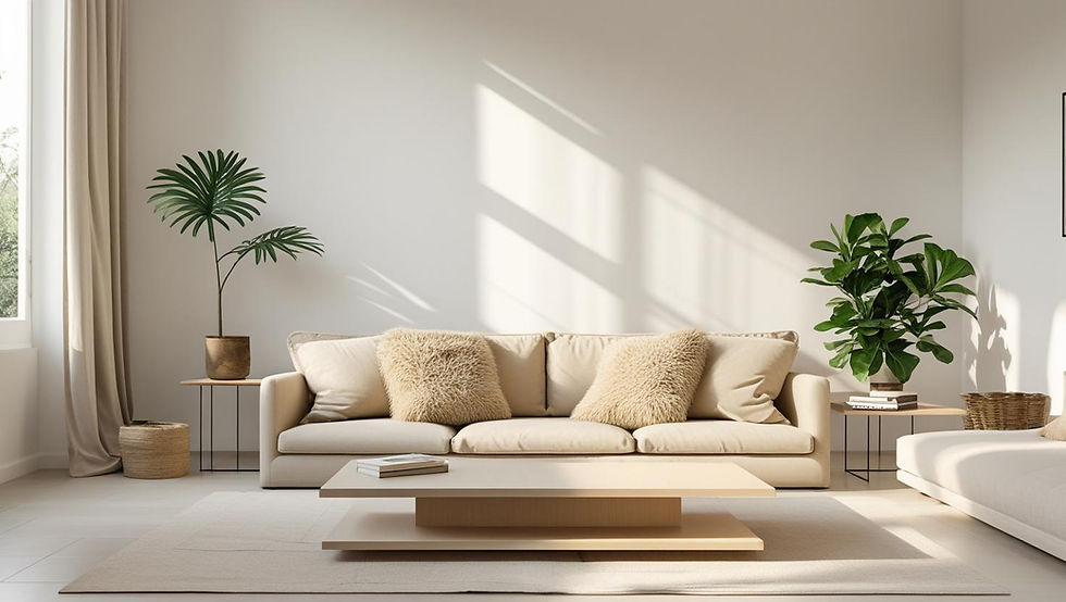 Uma sala de estar minimalista portuguesa com luz natural suave, sofá bege simples, mesa de centro em madeira clara, uma planta verde discreta e paredes brancas. Ambiente acolhedor e sereno, com poucos objetos cuidadosamente escolhidos, transmitindo paz e tranquilidade.
