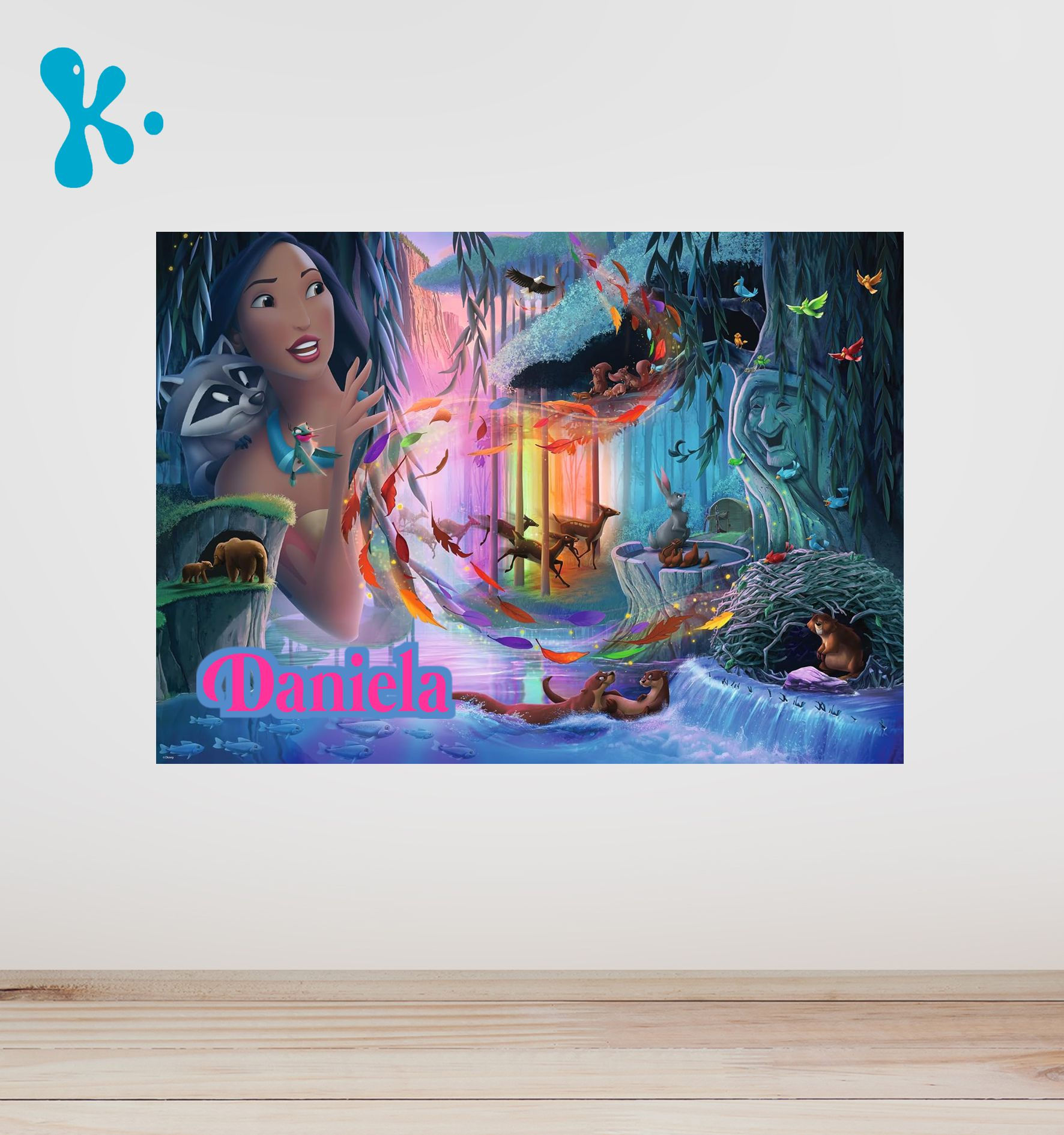 Cartaz Pocahontas personalizado com cenário mágico da natureza e nome da criança.