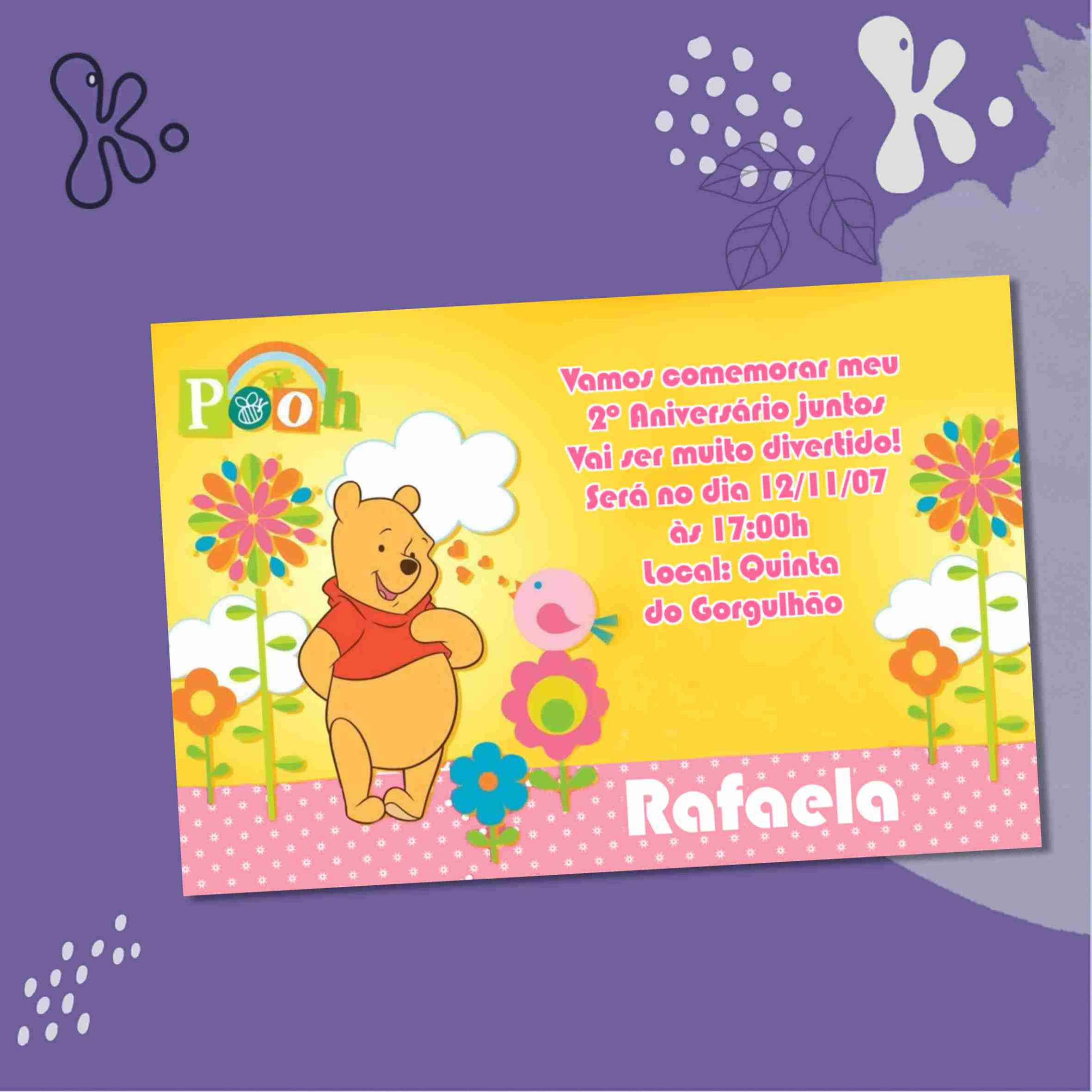 Convite Digital Winnie The Pooh Floral e Colorido para 2.º Aniversário