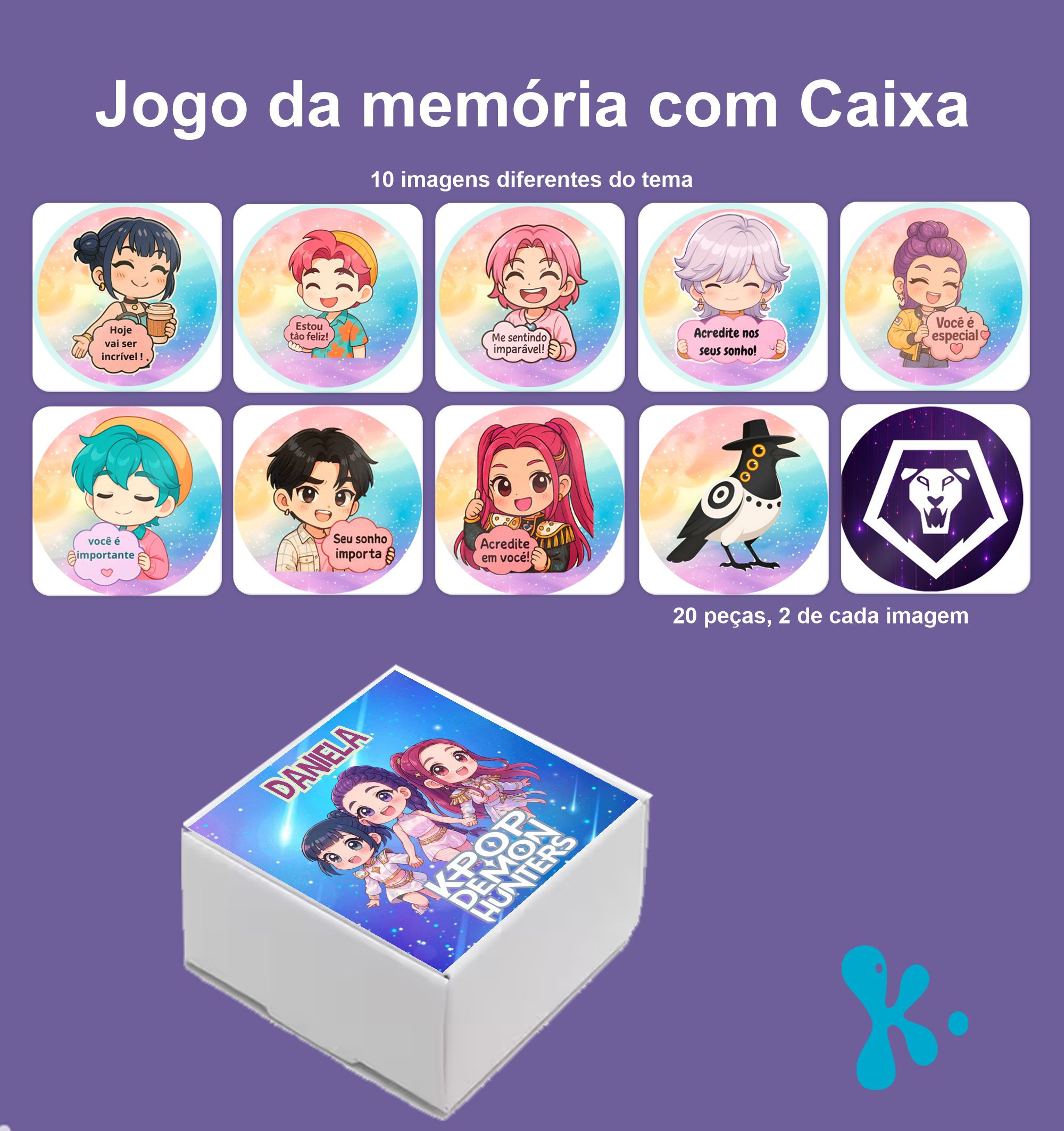 Jogo da memória K-Pop Demon Hunters personalizado com caixa, 20 peças (10 pares) e ilustrações coloridas do tema.