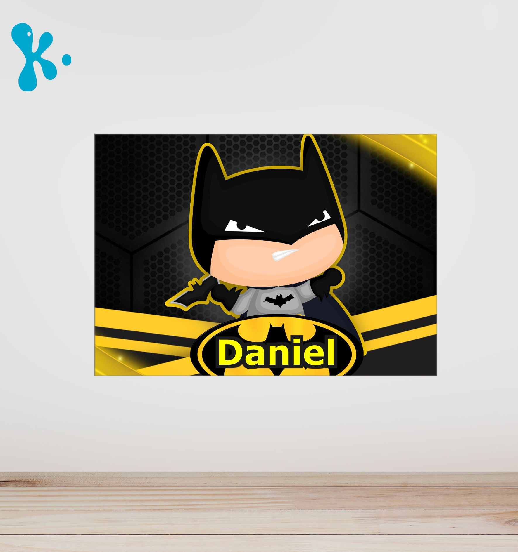 Cartaz Batman personalizado em estilo infantil, com fundo preto e amarelo para festa infantil