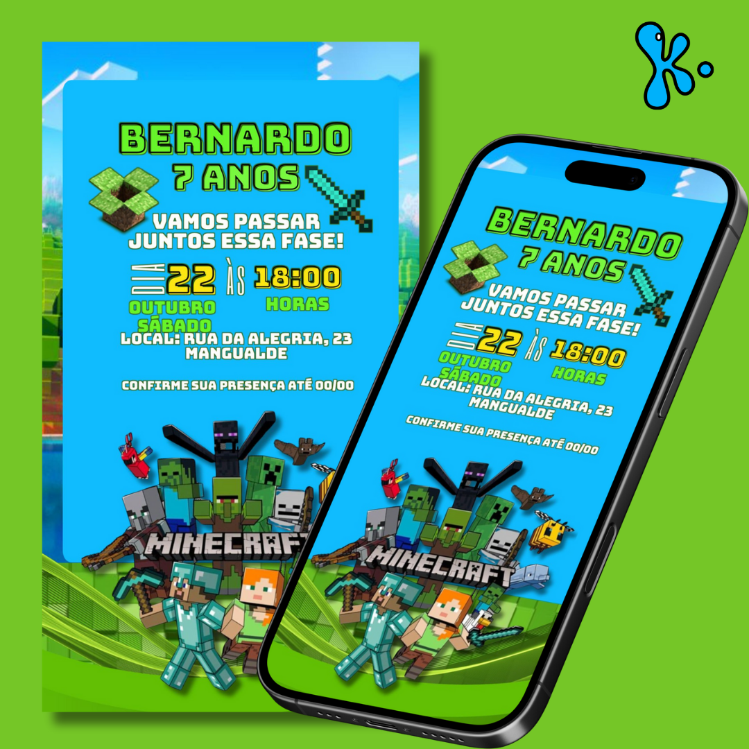 Convite Digital Minecraft Azul Personalizado para Festa Infantil