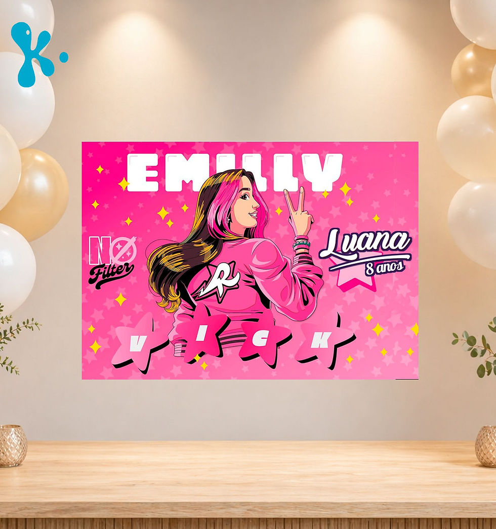 Cartaz Emily Vick personalizado em tons de rosa, com nome e idade para decoração de festa infantil.