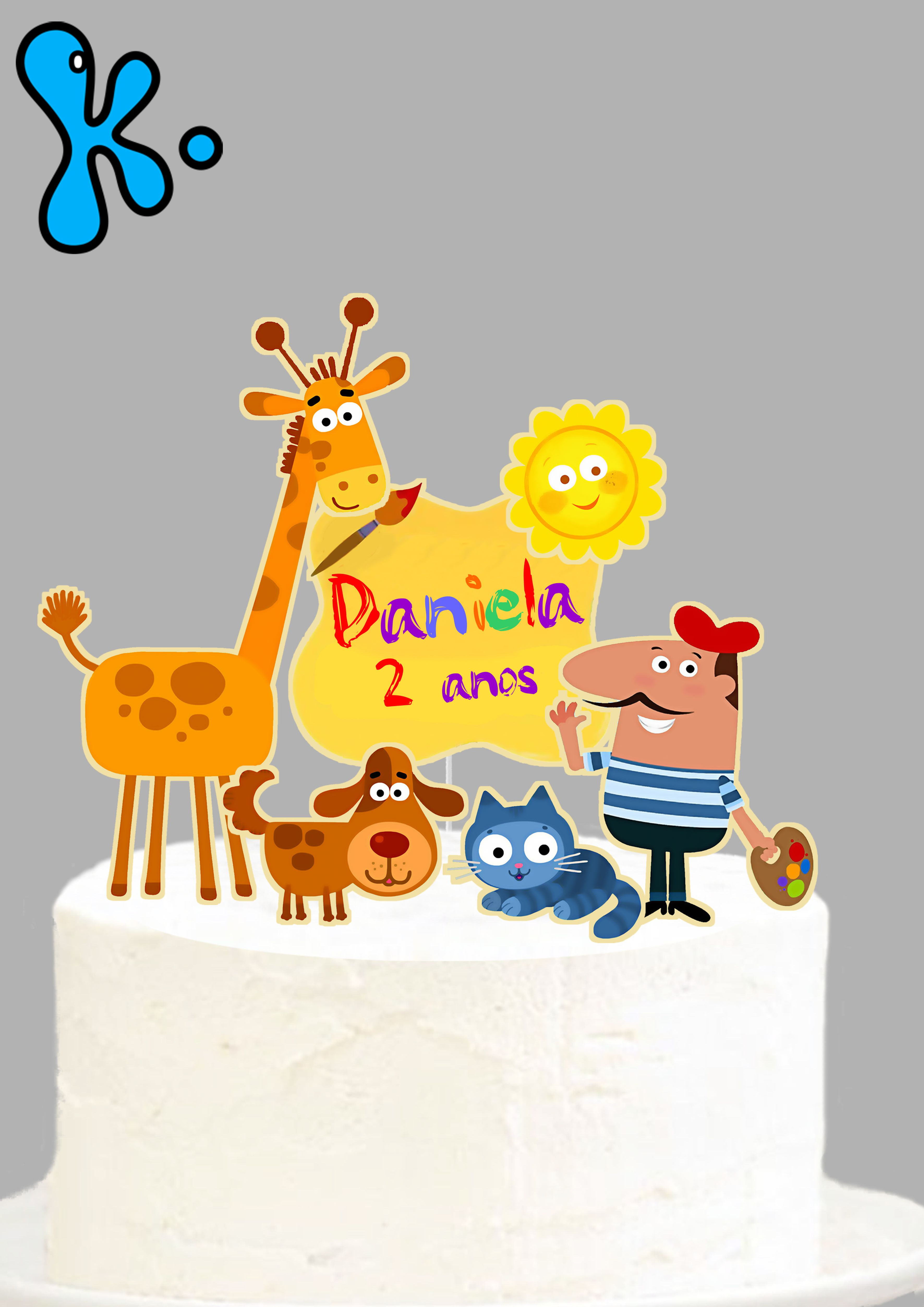 Topo de bolo Pierre o Pintor com girafa, gato, cão e sol