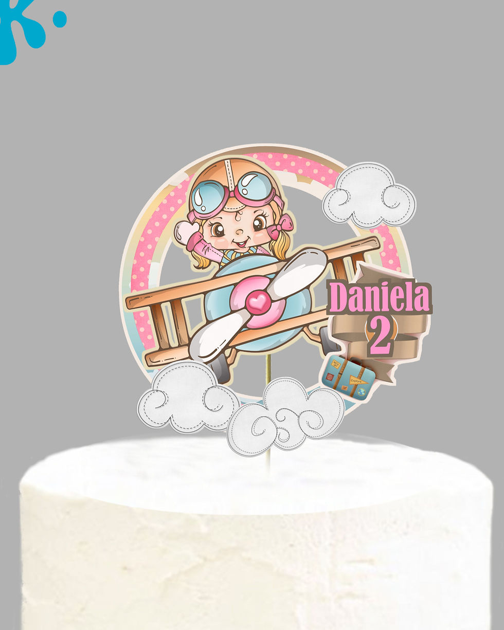 Topo de bolo aviadora personalizado com criança em avião, nuvens, nome e idade.