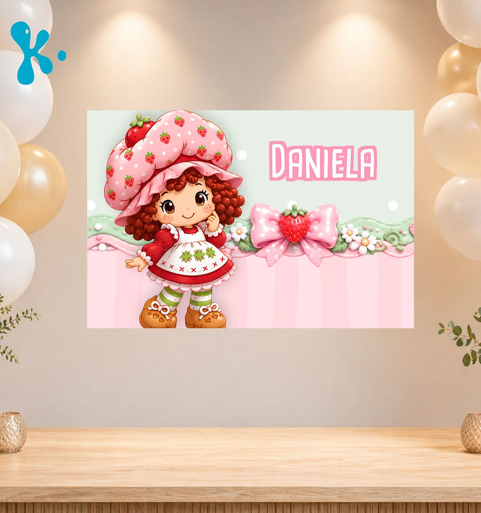 Cartaz Personalizado Docinho de Morango com flores e laço para festa infantil
