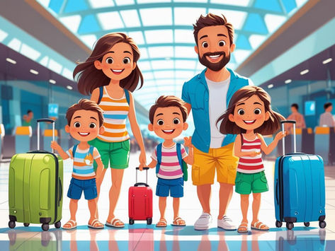 Família com crianças pequenas no aeroporto, com malas coloridas e ambiente de férias.