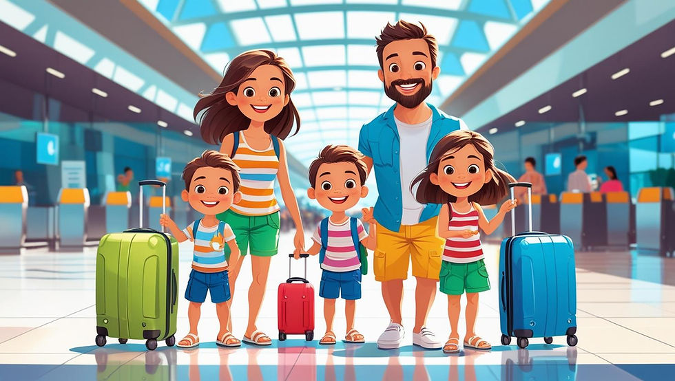 Família com crianças pequenas no aeroporto, com malas coloridas e ambiente de férias.