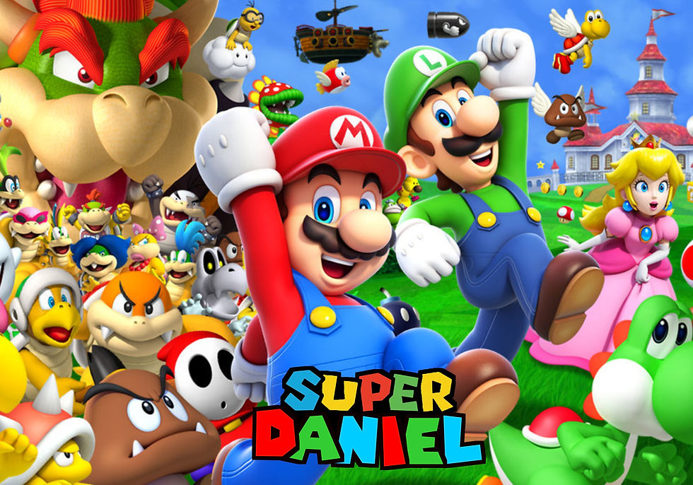 Cartaz infantil Super Mario personalizado com Mario, Luigi e personagens coloridas em destaque