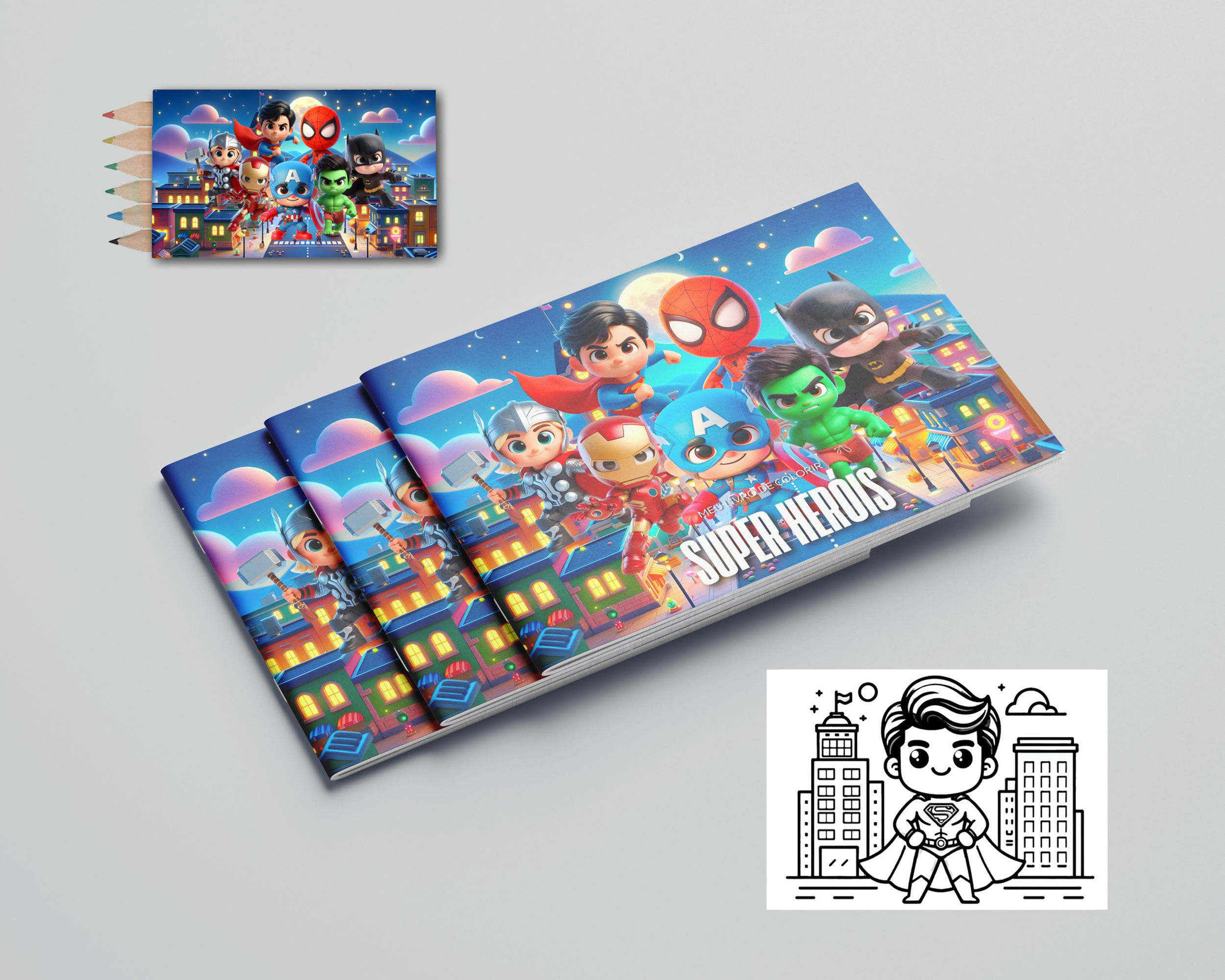 Livro de colorir 15 cm x 10 com Lápis Super-Heróis