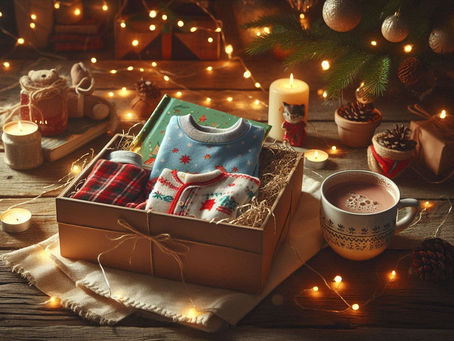 Caixa da Véspera de Natal com pijamas, livro infantil e chocolate quente em ambiente acolhedor