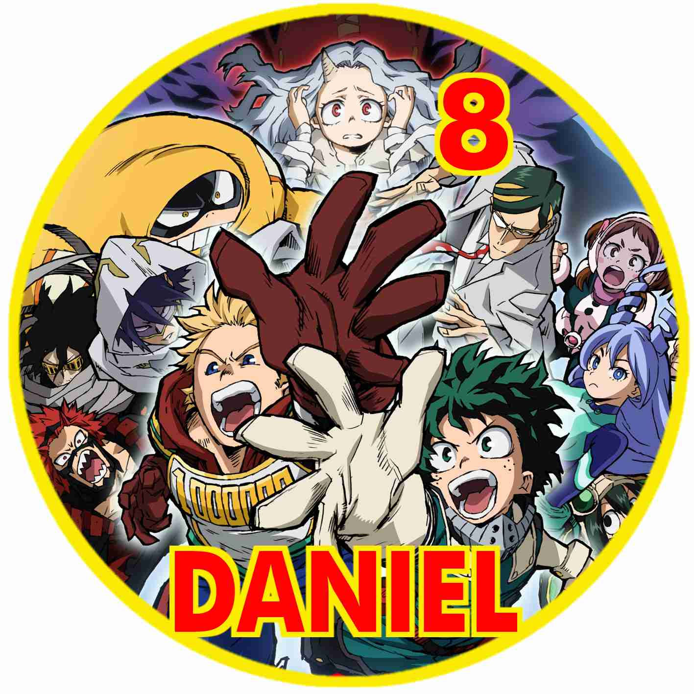 Autocolante redondo My Hero Academia com personagens em ação, nome Daniel e número 8 para festa infantil
