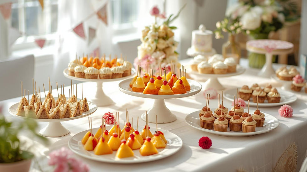 Ilha de lanches organizada para festa de aniversário infantil com alimentos variados e decoração temática.