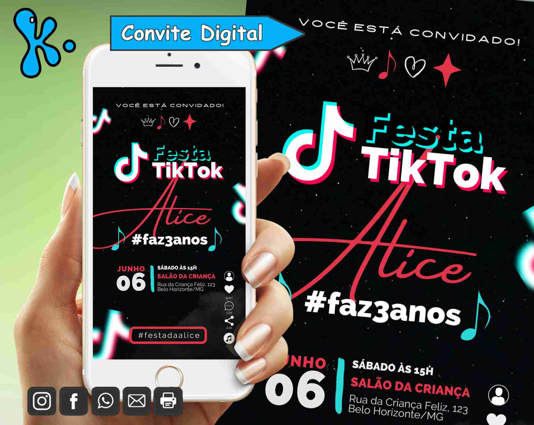 Convite Digital TikTok personalizado com nome Alice, hashtag temática e detalhes da festa, em estilo neon