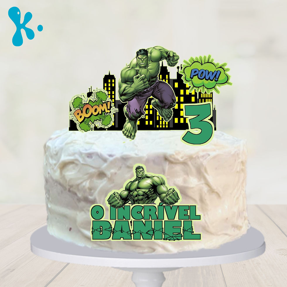 Topo de bolo Hulk personalizado com nome, idade, personagens e elementos de banda desenhada em verde, preto e roxo.