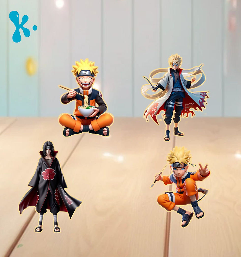 Figuras de mesa Naruto com personagens do anime para decoração de festa infantil ou teen temática.