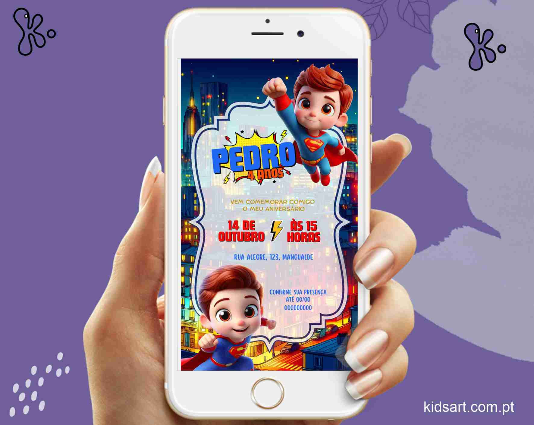 Convite digital Super-Homem personalizado com estilo baby com fundo de cidade e elementos de banda desenhada