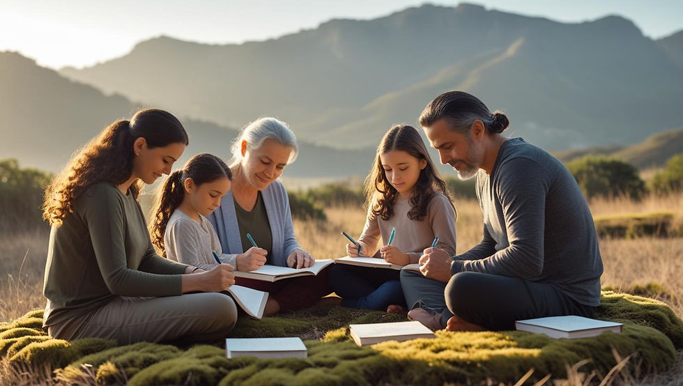 Portuguese family members writing in gratitude journals outdoors, sitting in a circle in nature, peaceful mountain scenery, morning light, mindful and contemplative atmosphere, authentic connection with bodies and nature