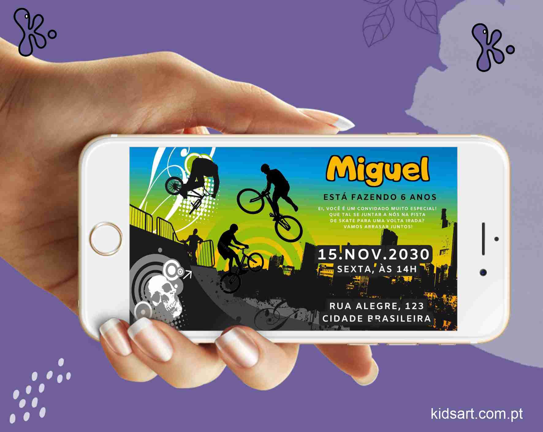 Convite digital desportos radicais com tema de BMX e manobras urbanas. Personalizável, pronto para envio digital ou impressão