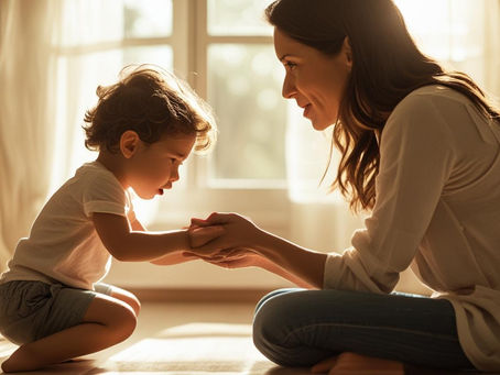 Mãe ajoelhada à altura do filho, segurando-lhe as mãos com calma durante uma birra, transmitindo empatia e segurança.