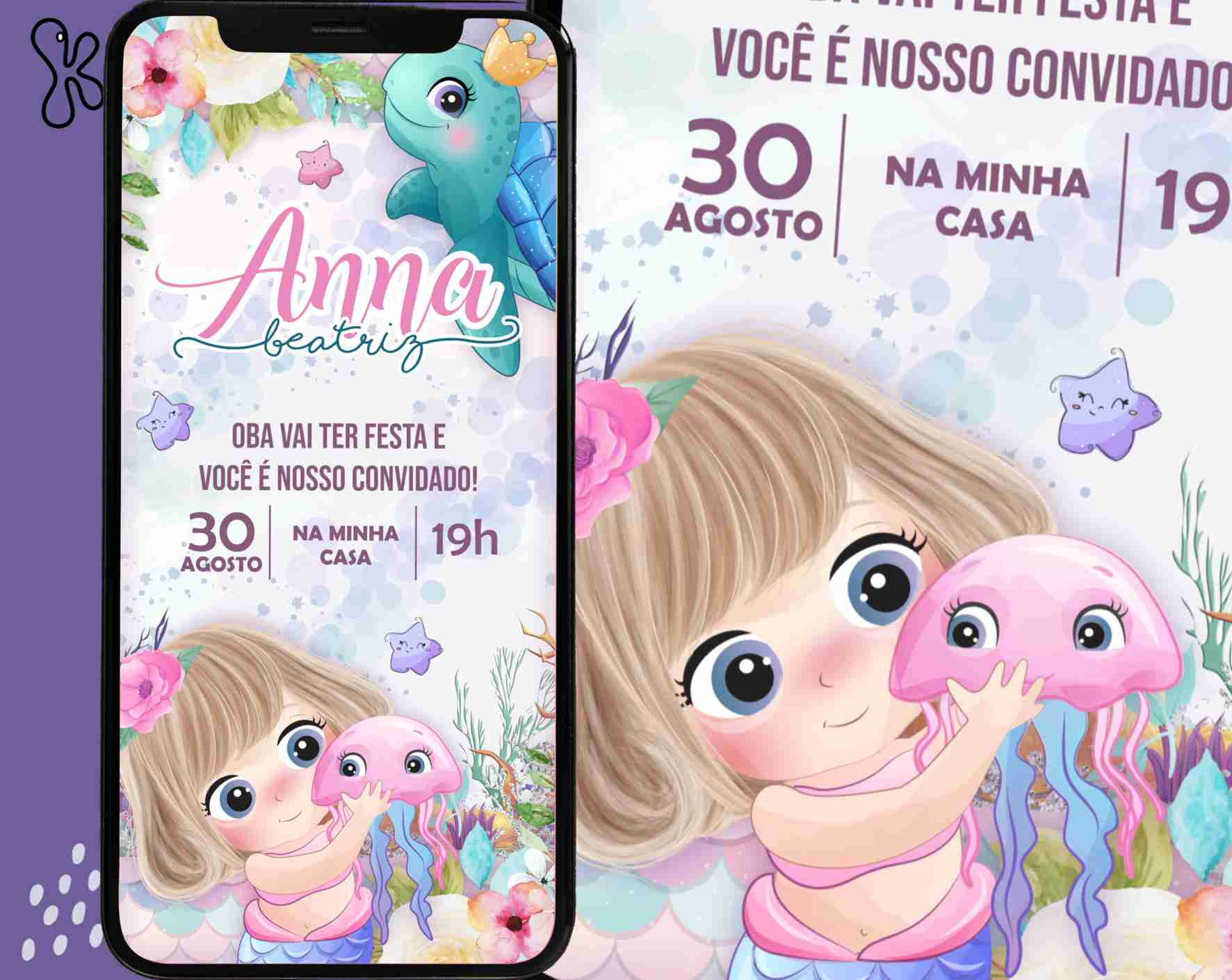 Convite Digital Sereias com menina de olhos grandes a abraçar uma medusa rosa, decorado com elementos marinhos e tons pastel