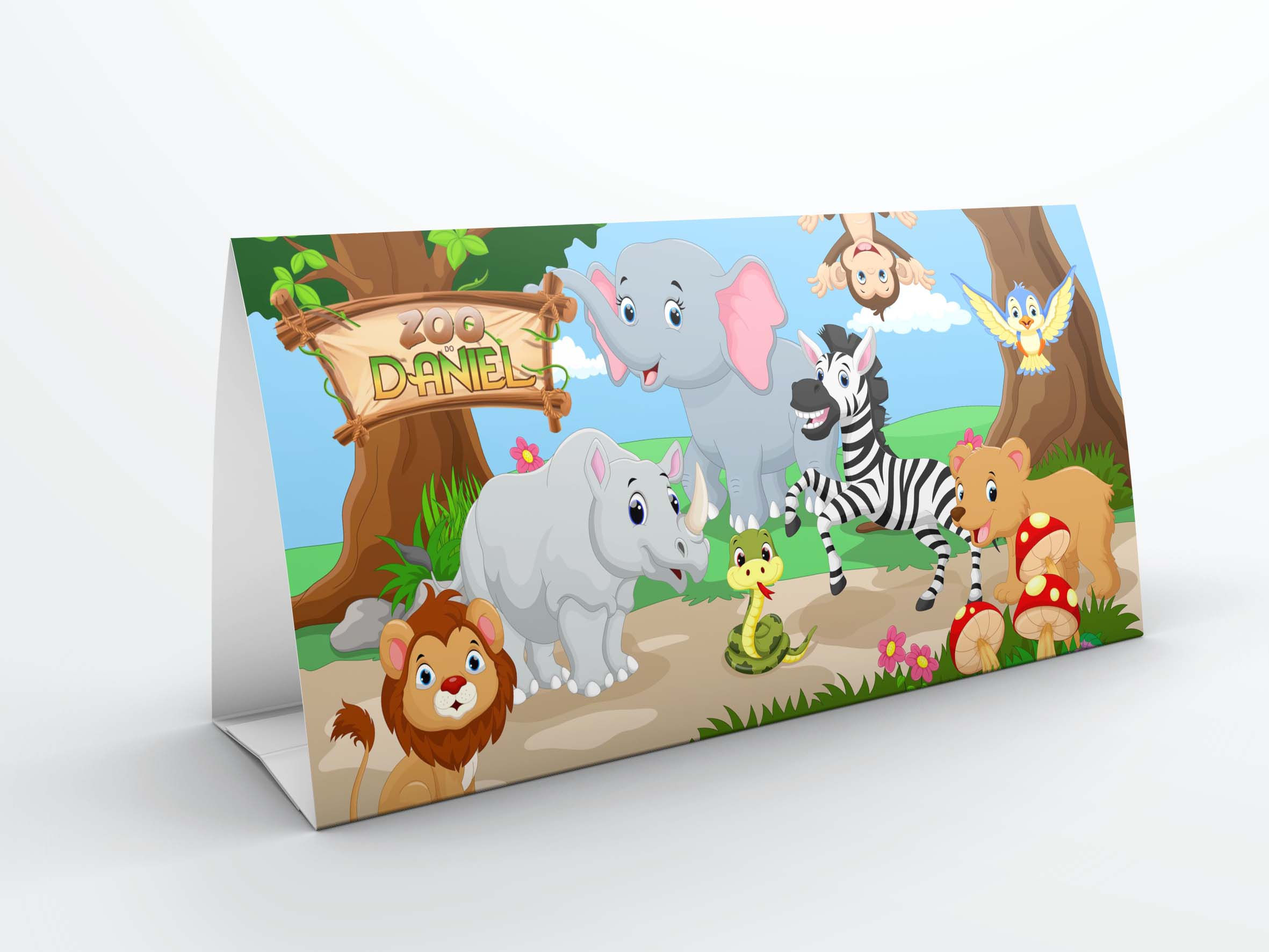 Calendário de mesa Zoo com animais da selva em estilo cartoon colorido.
