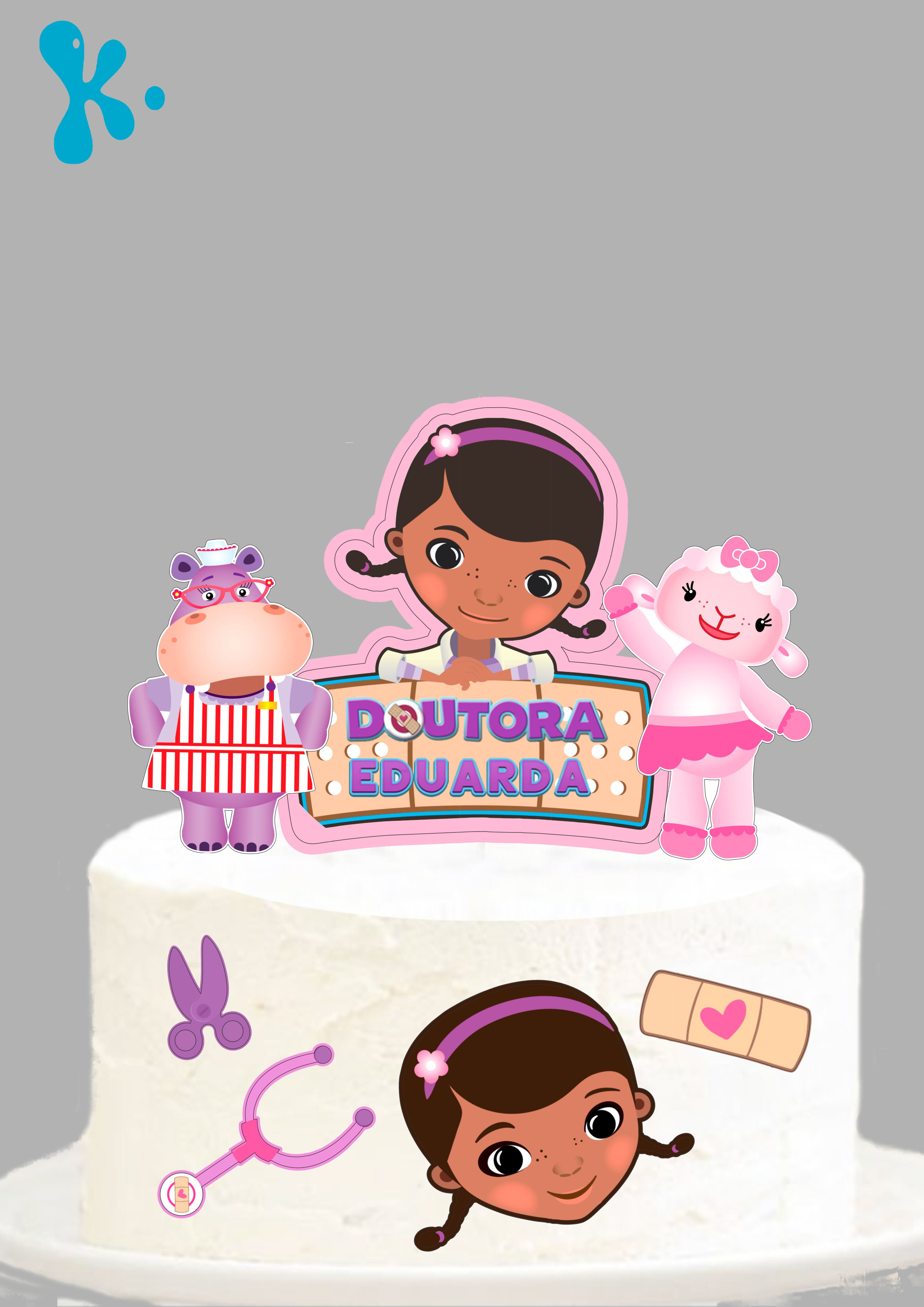 Topo de bolo com Doutora Brinquedos, Fofinha, Hallie e nome Eduarda