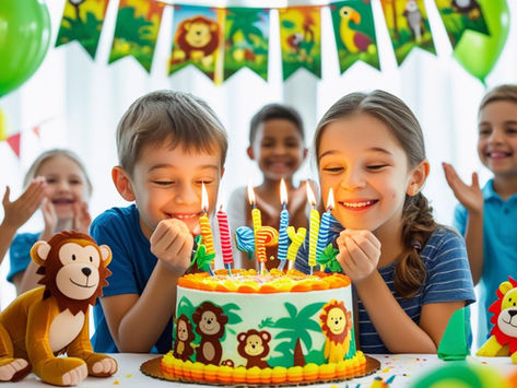 Crianças a sorrir numa festa com decoração colorida, com balões, bolo partilhado e tema neutro que agrada meninos e meninas.