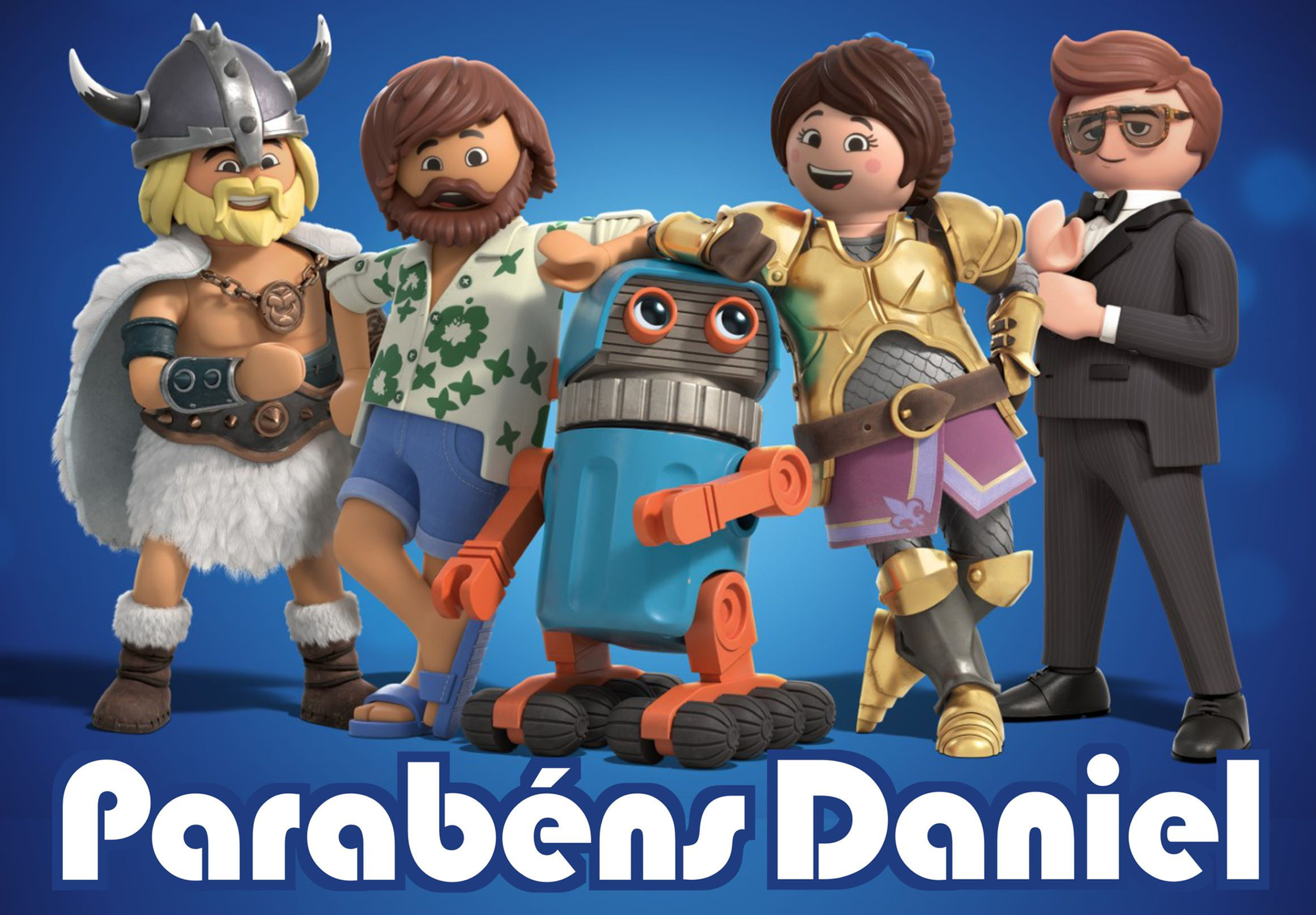 Cartaz infantil Playmobil personalizado com personagens em estilo 3D para decoração de festa de aniversário