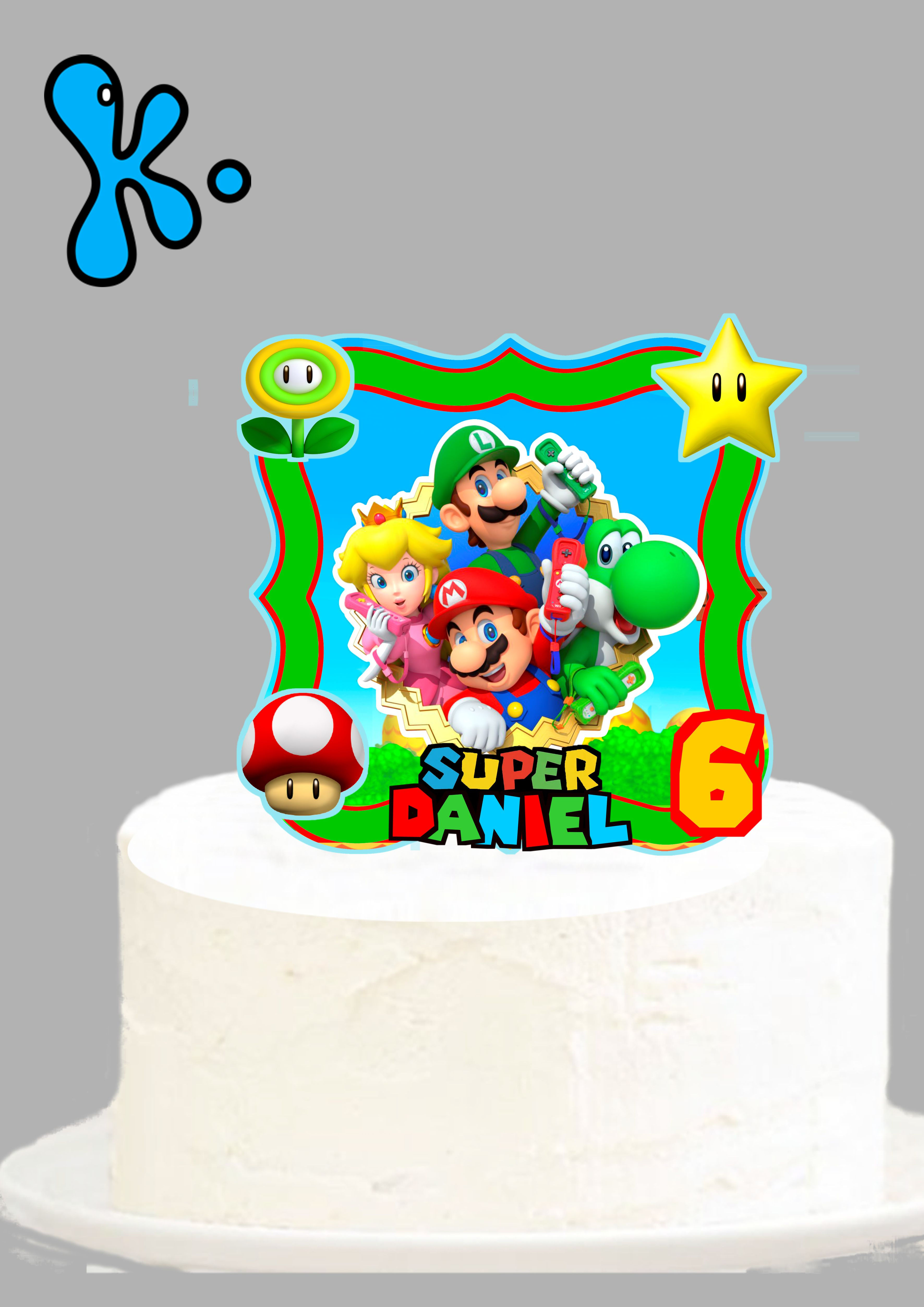 Topo de bolo Super Mario com moldura colorida e nome personalizado