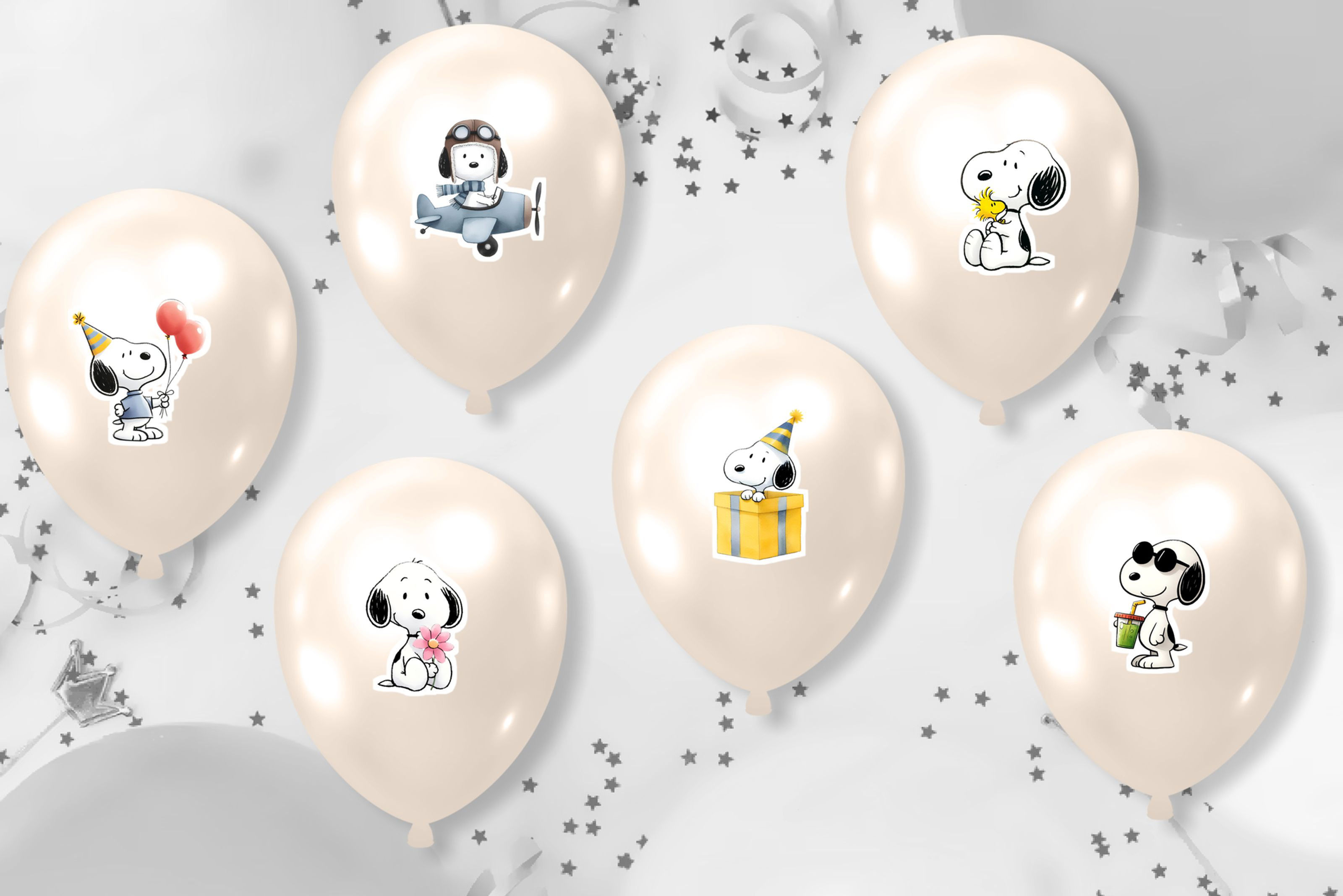Autocolantes para balões Snoopy com Woodstock, avião, presente, flor e elementos de aniversário para festa infantil.