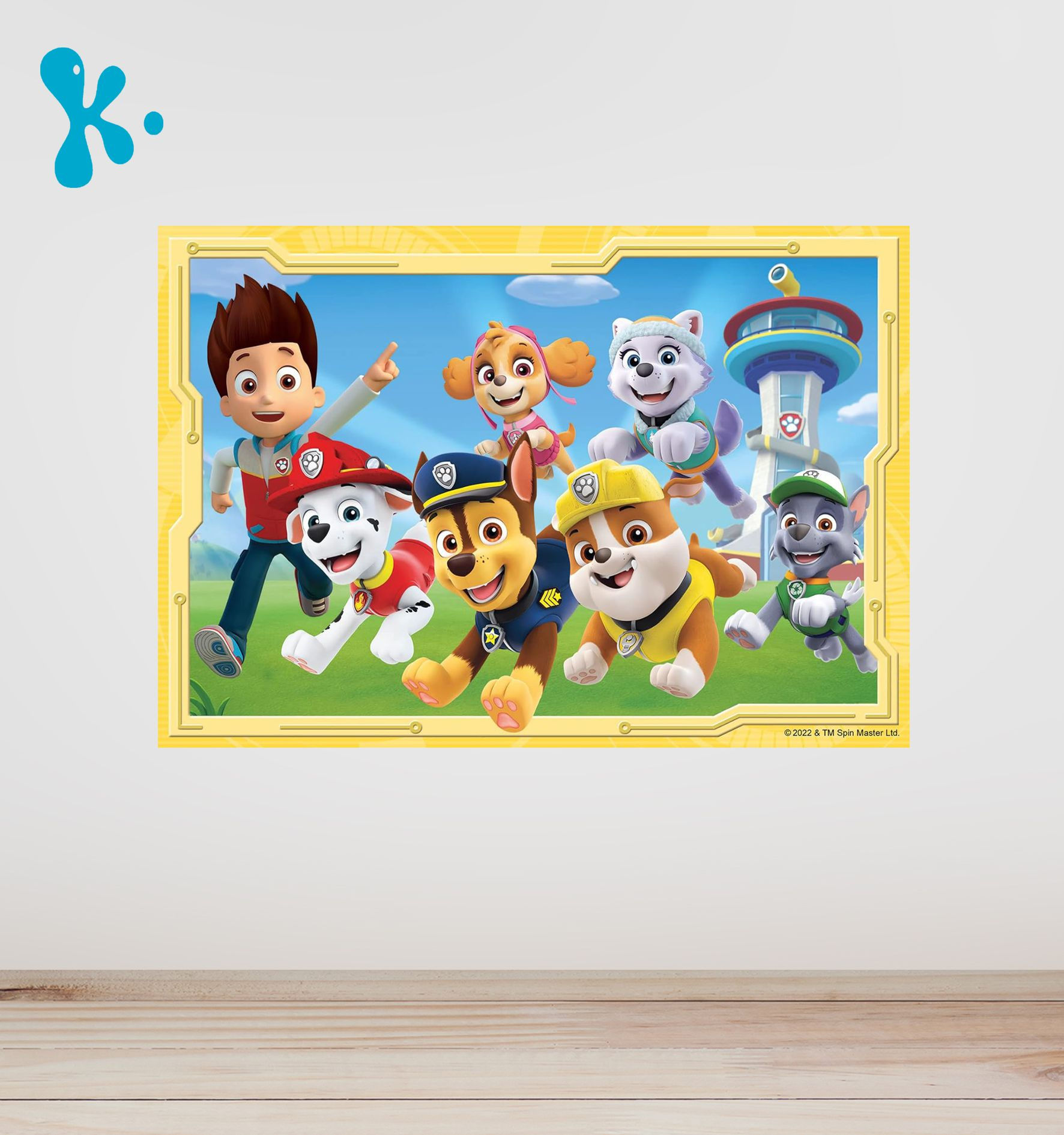 Cartaz Patrulha Pata com Ryder, Chase, Marshall, Skye e Rubble em frente à torre da Patrulha para decoração de festa infantil
