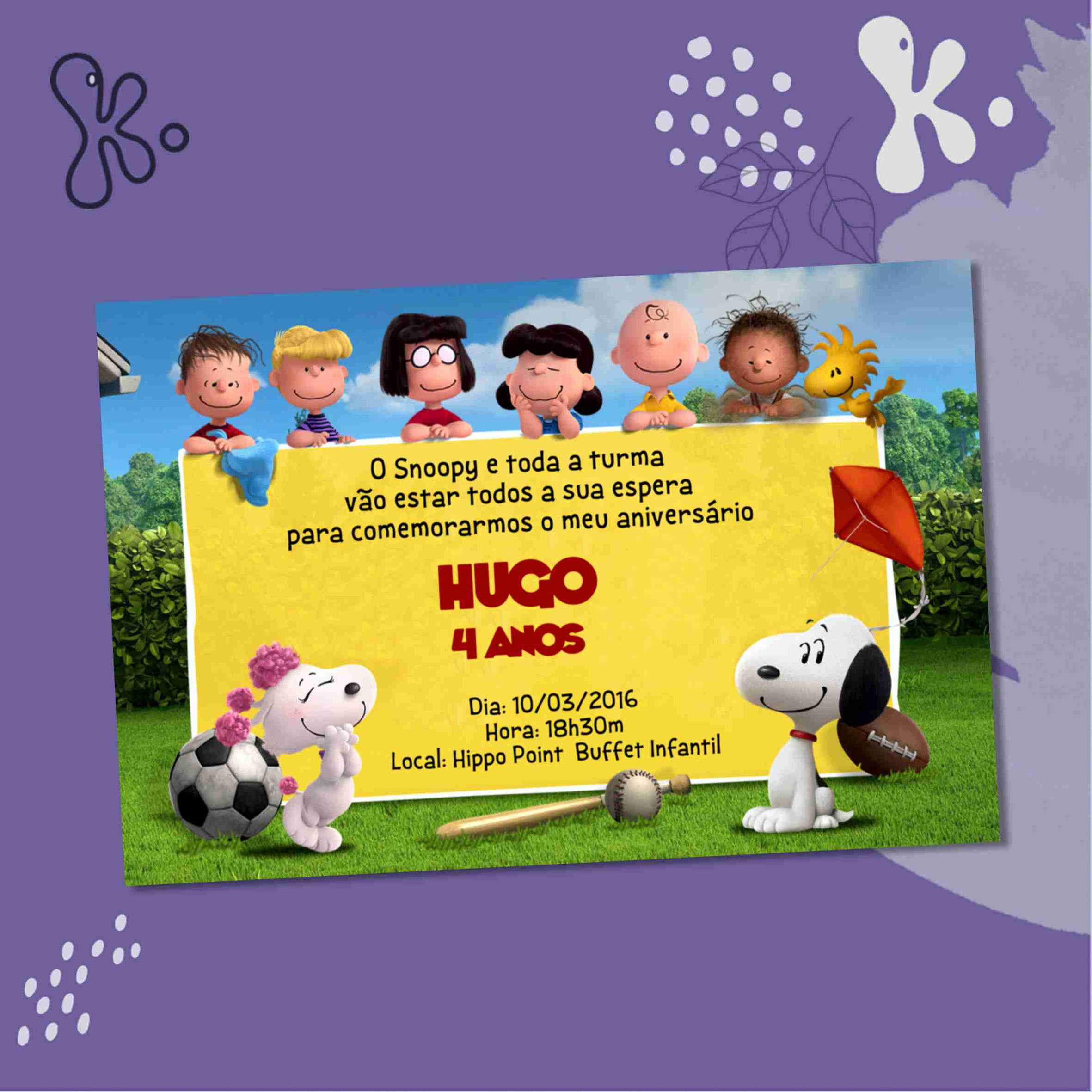 Convite Digital Snoopy com Charlie Brown, Snoopy, Woodstock e amigos, com texto de aniversário infantil personalizado