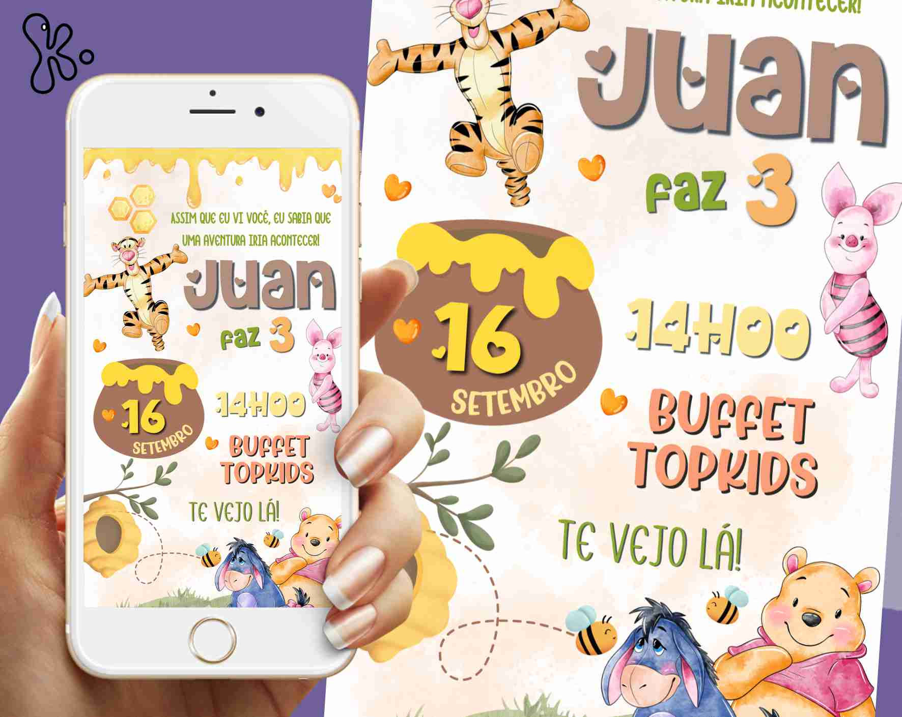 Convite Digital Winnie The Pooh Estilo Aguarela para Aniversário