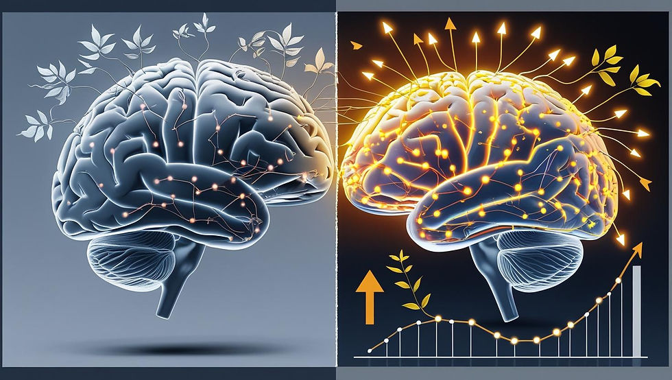 visualização de antes e depois mostrando a transformação do cérebro