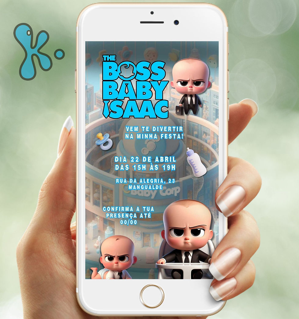 Convite digital Boss Baby com bebé de fato e cenário da Baby Corp
