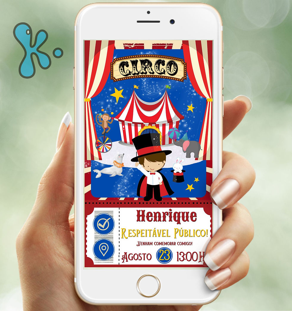 Convite interativo de circo com mágico, tenda e animais coloridos para festa infantil