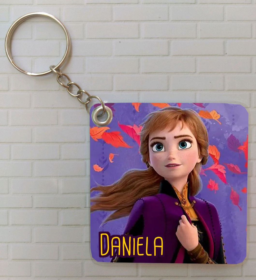 Porta-chaves Frozen Anna personalizado com fundo roxo e folhas outonais, com nome da criança