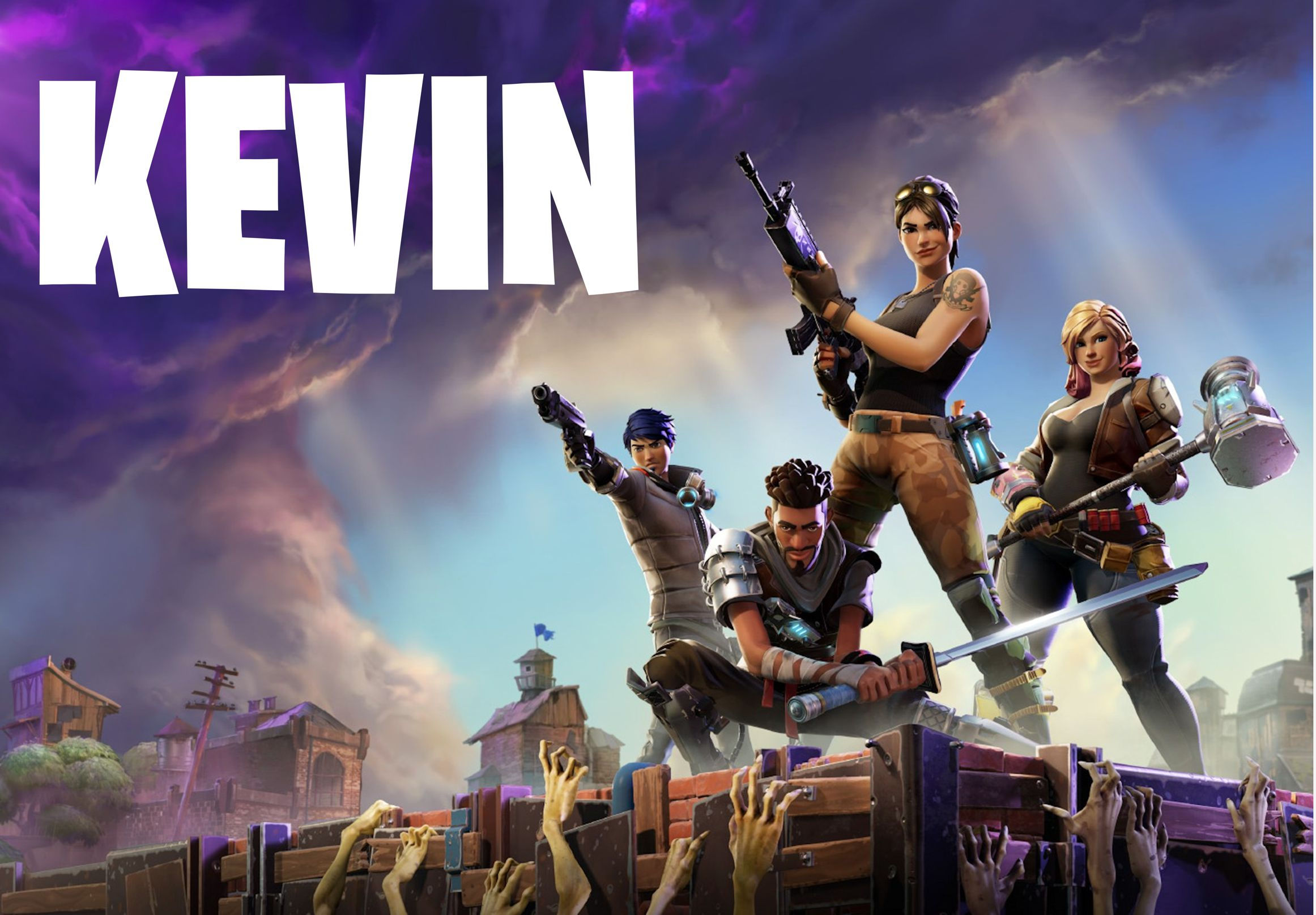 Cartaz infantil Fortnite personalizado com personagens em ação e nome da criança em destaque