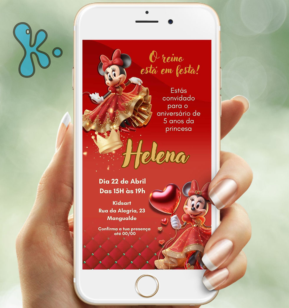 Convite digital Minnie vermelha com vestido de gala e fundo real