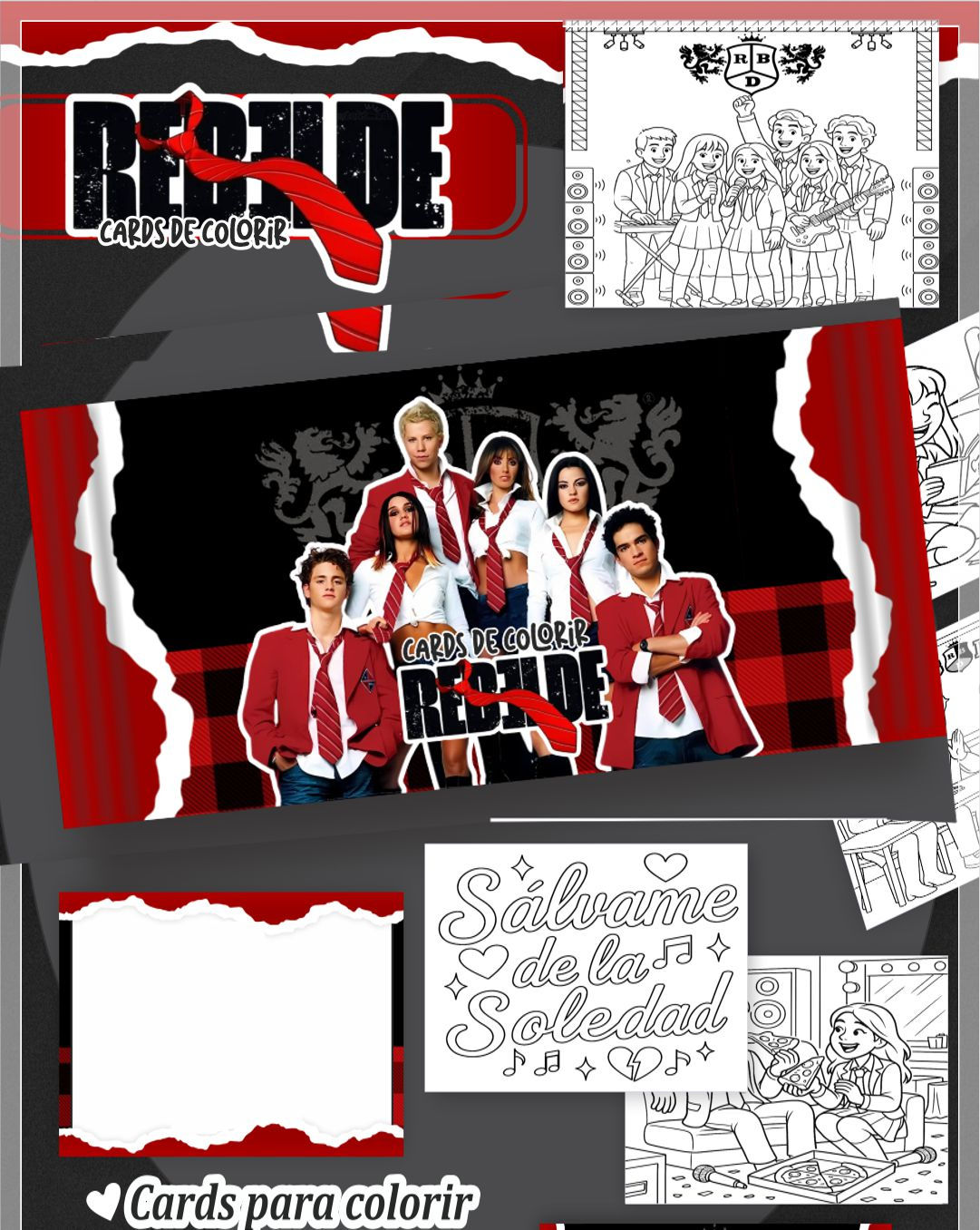 Cards para colorir RBD com desenhos da banda Rebelde e frases marcantes para fãs e colecionadores