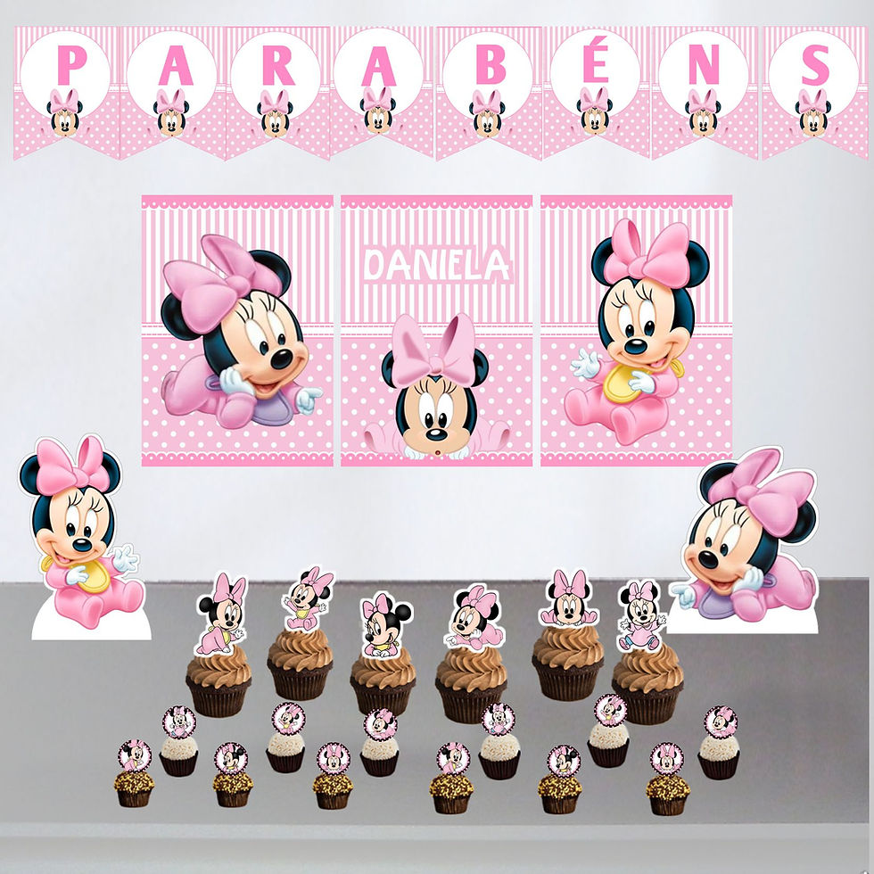 Mini Kit Festa Baby Minnie com cartazes personalizados, bandeirola rosa e toppers da personagem baby para aniversário infanti
